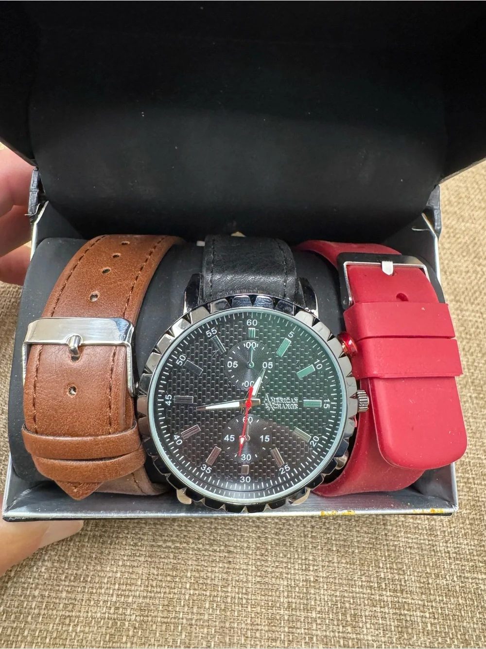 American Exchange Men’s Quartz Analog Silver Tone Black Dial Strap Set Box